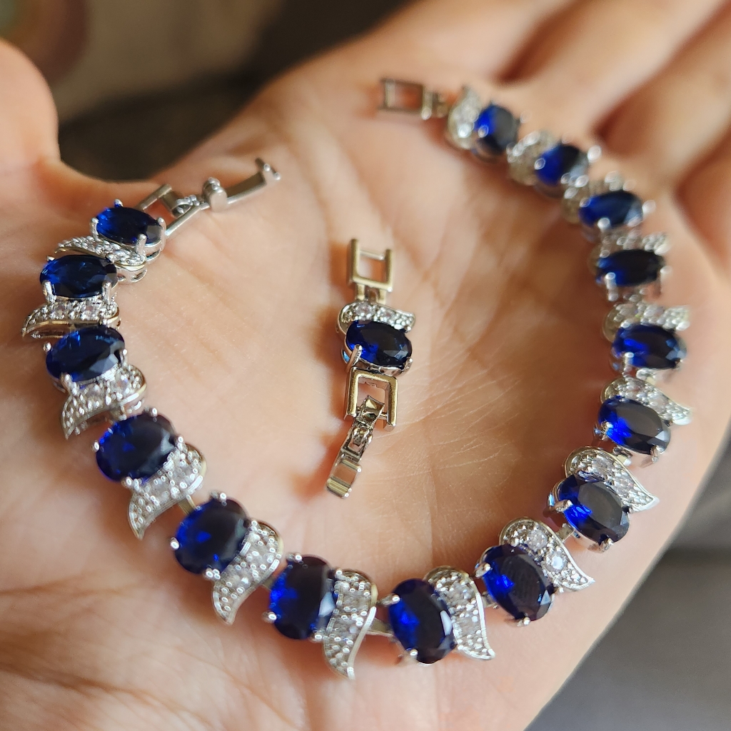 New 925 Silver Oval Cut Blue Sapphire Diamond Bracelet For Women With Extender